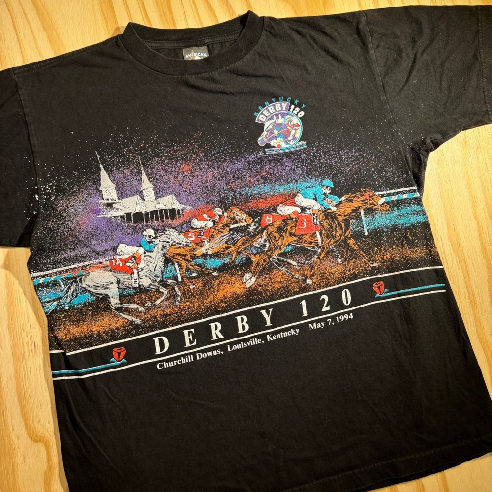 Vintage 1994 American Thunder Kentucky Derby 120 T-Shirt Black Large Horse Race